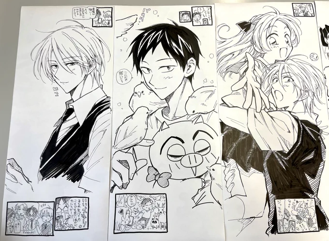 【お知らせ】プレゼントの色校×6とサイン本のおまけ絵×3です😃こちらにお名前とサインが入っております。キャラはリクエスト頂いたのですが、カイが3つ⁉と担当さんも私も驚きました😄麻雀会という意外なリクも頂き大変楽しかったです✨近日中に編集部から発送されますので、しばしお待ちください🎁 
