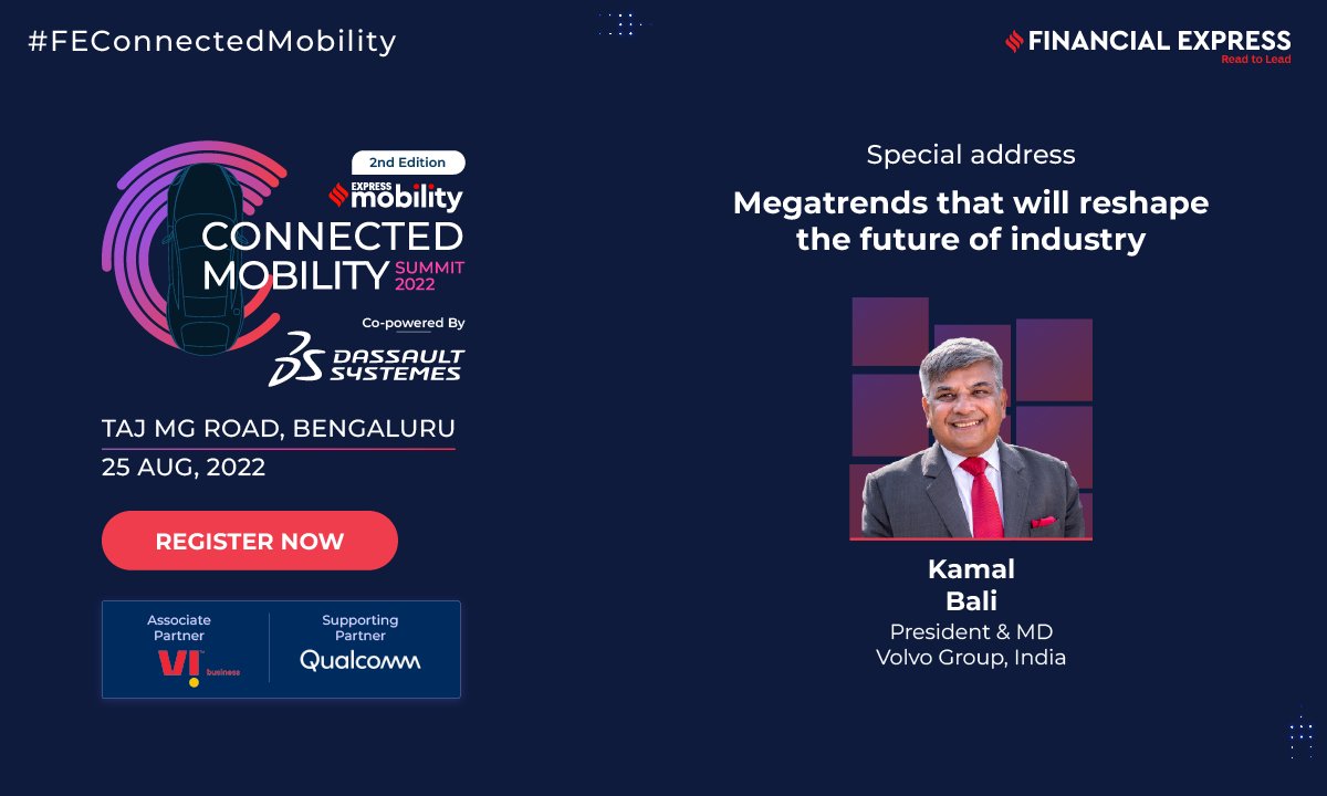 FinancialXpress's tweet photo. Join us for a special address on 'Megatrends that will reshape the future of industry' on 25th August at Taj MG Road, Bengaluru for the 2nd edition of the #FEConnectedMobility Summit 2022.
Register Now: https://t.co/LlnIEodFG8
#connectedmobility #expressmobility https://t.co/FY3c1FOw6a