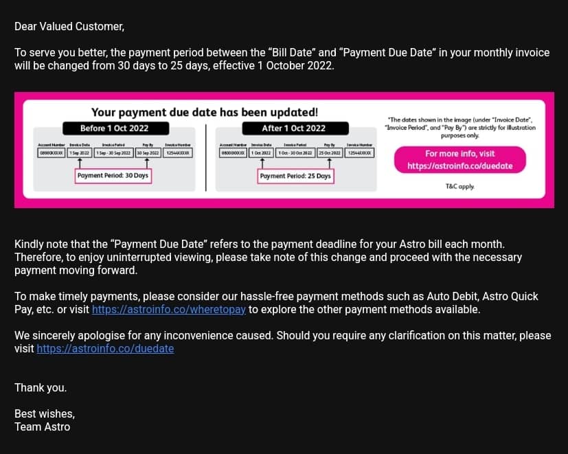 justju7's tweet photo. what's the logic of shortening the window between the bill date and due date if payday falls between the due date and the next bill date?  and then, you wrap it up politely with "to serve you better"... pray tell, who exactly are you serving and how is it better, @astroonline? https://t.co/MKyQ54xECk