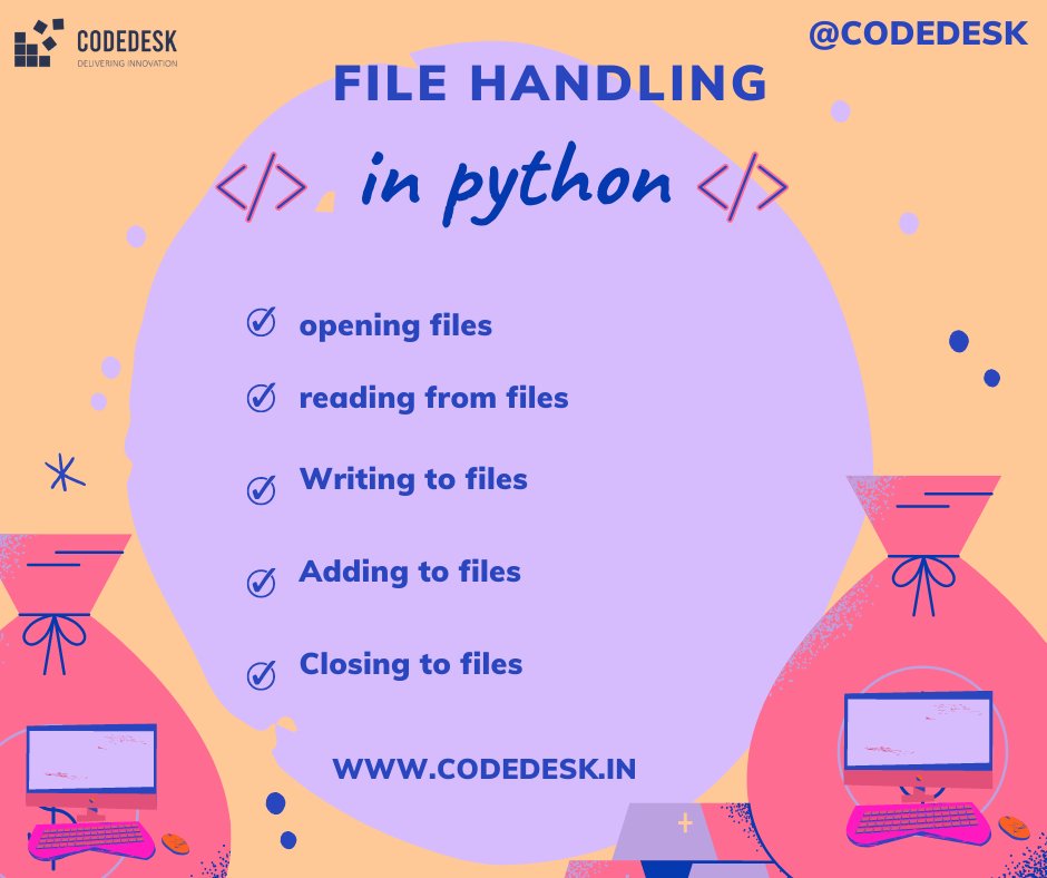 Codedeskin's tweet photo. know about the File Handling in Python
Check the post⬇️⬇️
.
.
.
.
.
.
#python #programming #coding #programmer #developer #coder #code #computerscience #technology #pythonprogramming #pythonlearning #software #tech #codinglife #Training #codedesk https://t.co/LLb0o0fPyL