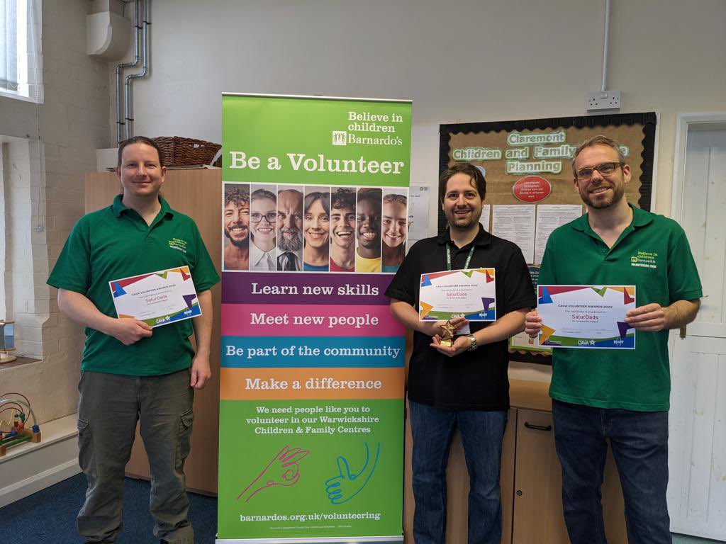 A big thank you and congratulations to Gavin, Andy and Dylan who received a WCAVA Community Impact Award for their volunteering at <a href="/barnardos/">Barnardo’s</a> in #Rugby. They set up and run the ‘SaturDads’ group for dads and male carers which now has more than 25 families attending.