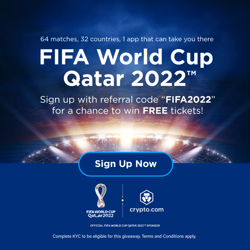 cryptocom's tweet photo. Want to win a pair of free tickets to FIFA World Cup Qatar 2022™? 🏆

1. Sign up* to the App with code 'FIFA2022' by 17 Sep 
2. Follow @cryptocom
3. RT and reply with your favourite team’s flag 🇧🇷🇧🇪🇦🇷🇬🇧🇺🇸

T&amp;Cs apply: https://t.co/mpi0D7BZmO
*Complete KYC to be eligible.
