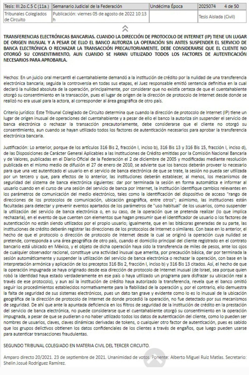 mario_dico50's tweet photo. OJO : Este criterio puede ayudar a los Usuarios afectados de @Citibanamex : Cuando la IP de origen de la transferencia tiene un origen inusual y a pesar de ello se autoriza , debe considerarse que el cliente NO otorgó autorización” Hay que usar todo para defenderlos !! https://t.co/uQDqE2JQs7