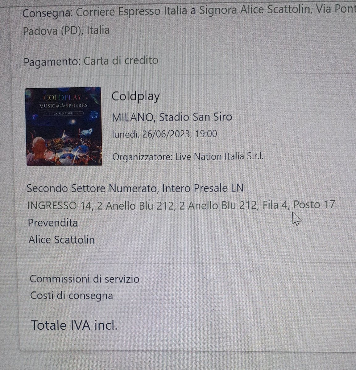 alicescattolin_'s tweet photo. Cerco qualcuno con i posti vicino a questo 🥲🥺 #Coldplay https://t.co/2i3UtdxaBm