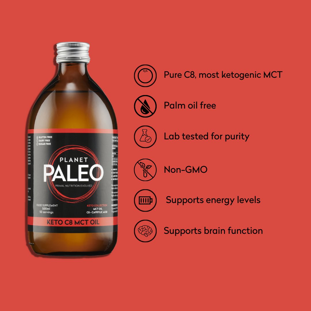 PlanetPaleo's tweet photo. ⭐️ Product Highlights: Keto C8 MCT Oil ⭐️

Our highly concentrated MCT oil made from coconuts is pure C8. C8 produces three times more ketones than regular MCT, which means more ketone benefits like amplified energy and metabolic burn 🔥 #planetpaleo #mct #mctoil https://t.co/1TT0rccjow