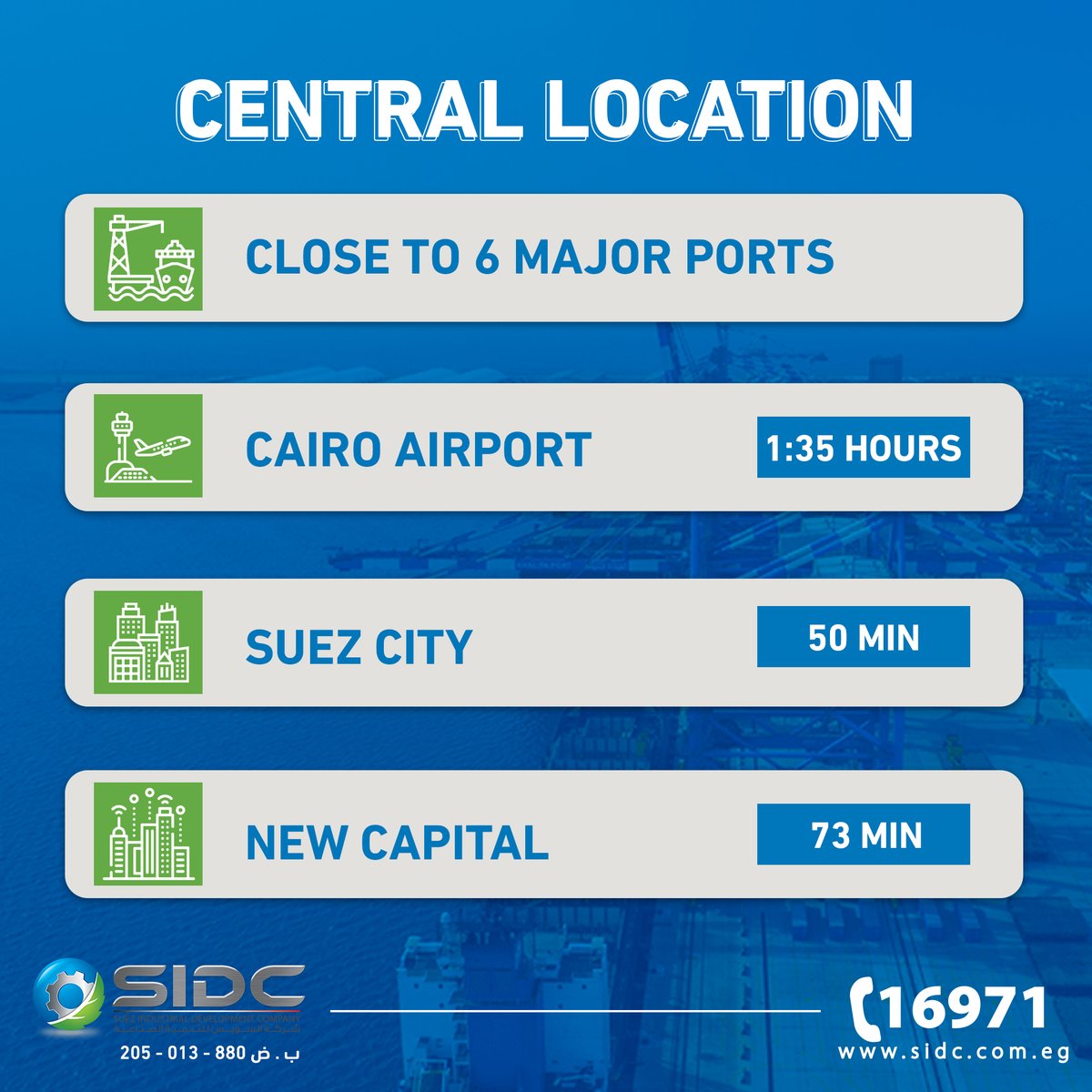 SIDC's Logistics and Commercial Services Hub has a unique location making it the perfect investment.

Imports and exports are also made more accessible and simple by having access to six different and important ports.

#Invest_in_Egypt
#Invest_in_SCZone
#invest_in_SIDC