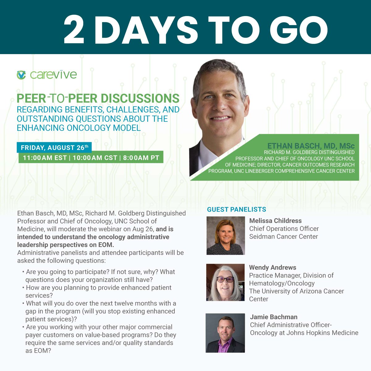 Our Peer-to-Peer Discussions webinar with <a href="/EthanBasch1/">Ethan Basch</a> , Melissa Childress, Wendy Andrews, and Jamie Bachman is only 2 days away!
👉🏻 Save your spot here: bit.ly/3PCZAgA

#oncology #cancermoonshot #enhancingoncologymodel #eom #cancer #webinar