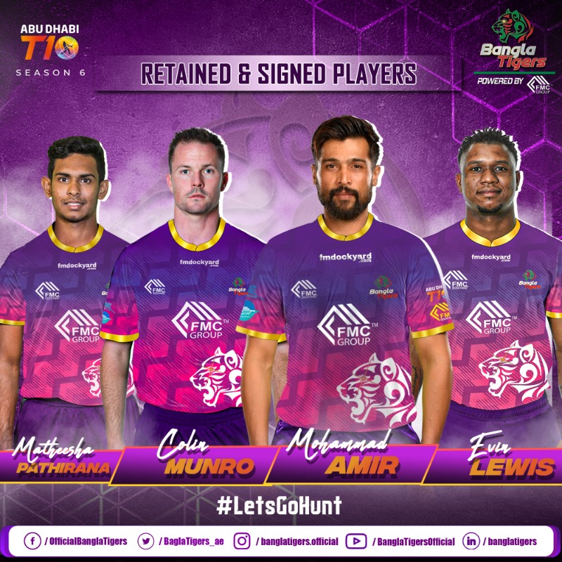 BanglaTigers_ae's tweet photo. Two direct signing. ✅
Two retention. ✅
Four Tigers are ready to hunt. 🐯
Whom do you want to see as our next signing? 🤔
@T10league @iamamirofficial @matheesha_9 @manuz05
#BanglaTigers #Signed #mohammadmir #evenlewis #colinmunro #matheesha #abudhabit10 #letsgohunt https://t.co/l98ECyUZ6c