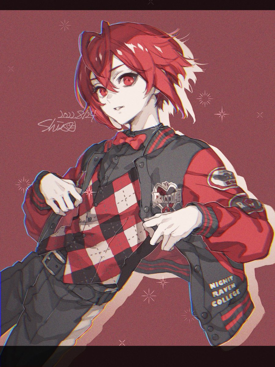 1boy male focus red hair red eyes solo jacket bow  illustration images