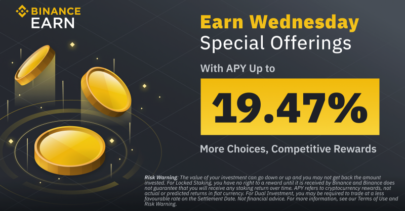 binance's tweet photo. It's Wednesday, and you know what that means. 

New rewarding offers across Savings, Staking and more with #Binance Earn!