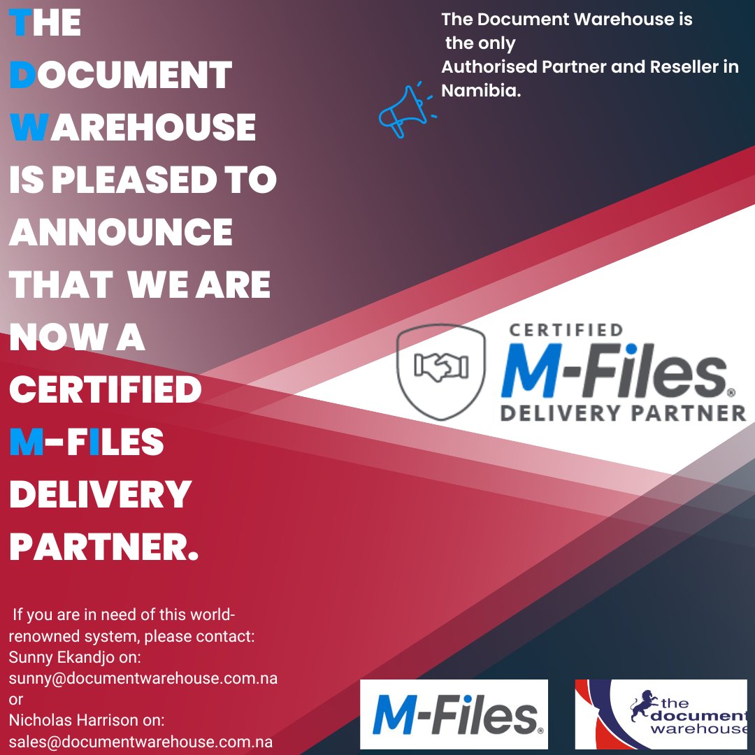 TDW_NAM's tweet photo. The Document Warehouse is pleased to announce;we are now a certified M-Files #Delivery #Partner. This provides #assurance to M-Files clients in Namibia and Africa, that we have a team of highly qualified and #experienced M-Files specialists working on their projects. #Certified https://t.co/xyhoIRzN6j