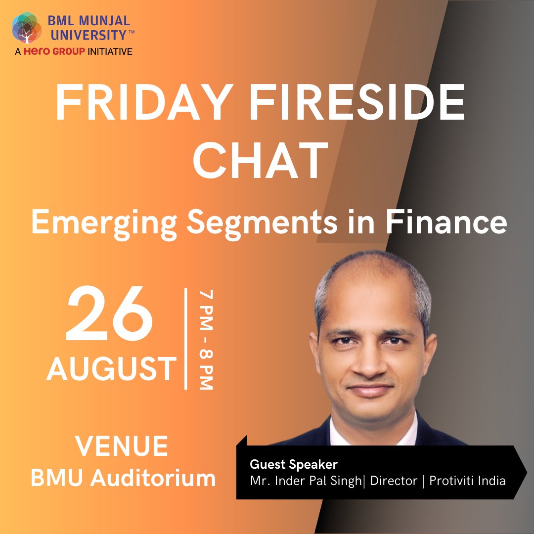 PlaceComm_BMU's tweet photo. Come join us on the Fireside Chat with Mr. Inder Pal Singh who will enlighten us about "Emerging Segments In Finance"

Date: 26 August 2022
Time: 7:00pm-8:00pm
Venue: BMU Auditorium

#vichaar #AskTheExpert #Learn2earn #BMUFireSide #BMU 
#PlaceCom #BMLMunjalUniversity #MBA https://t.co/CcD4pRMsRV