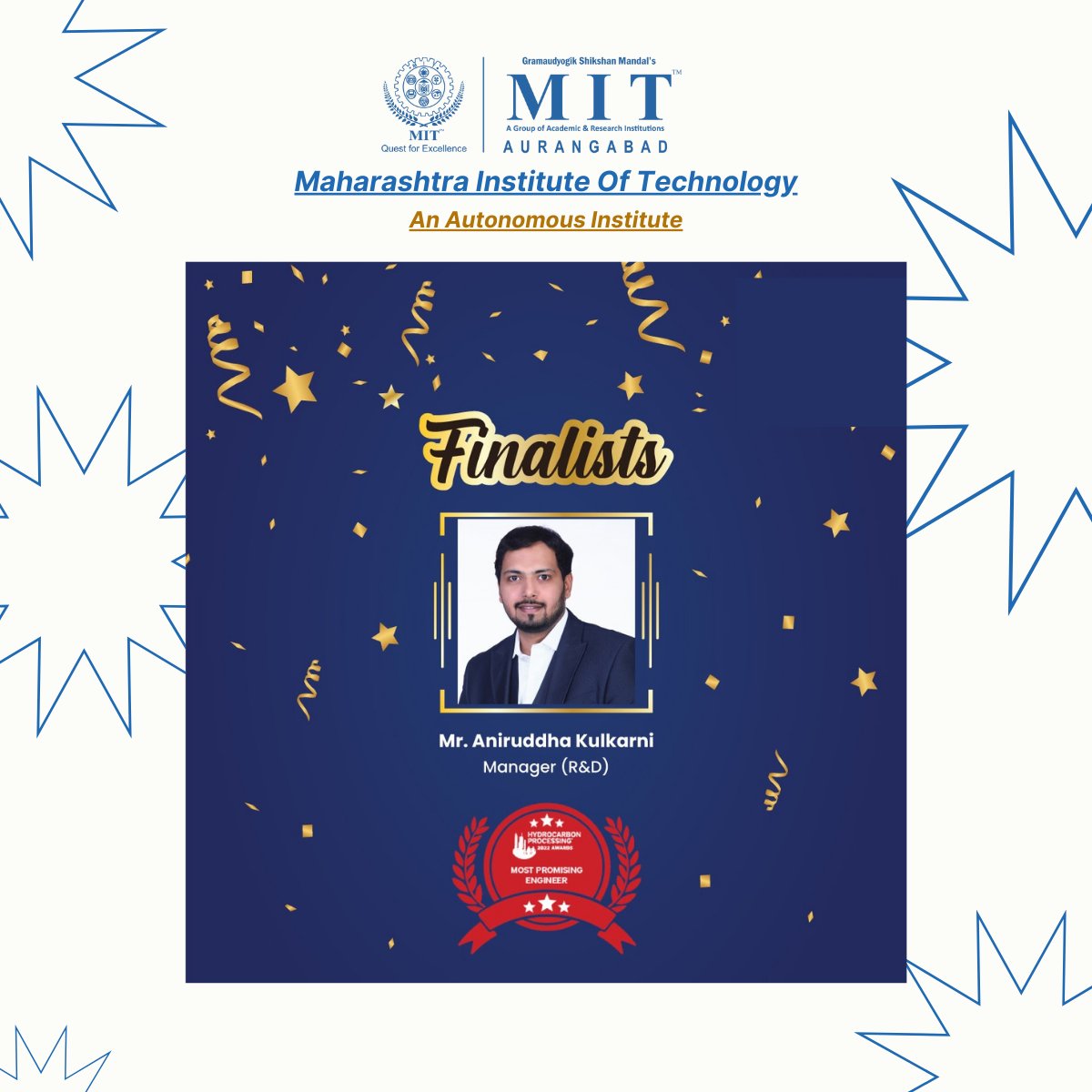 MIT_Updates's tweet photo. We are happy to inform you that our Alumnus @aniruddhak91 presently working at @BPCLimited  Limited as Manager (R&amp;D) has been declared a Finalists in Hydrocarbon Processing’s #HPAwards 2022 for “Executive of the Year” and “Most Promising Engineer”. https://t.co/BrgI2YHcyl