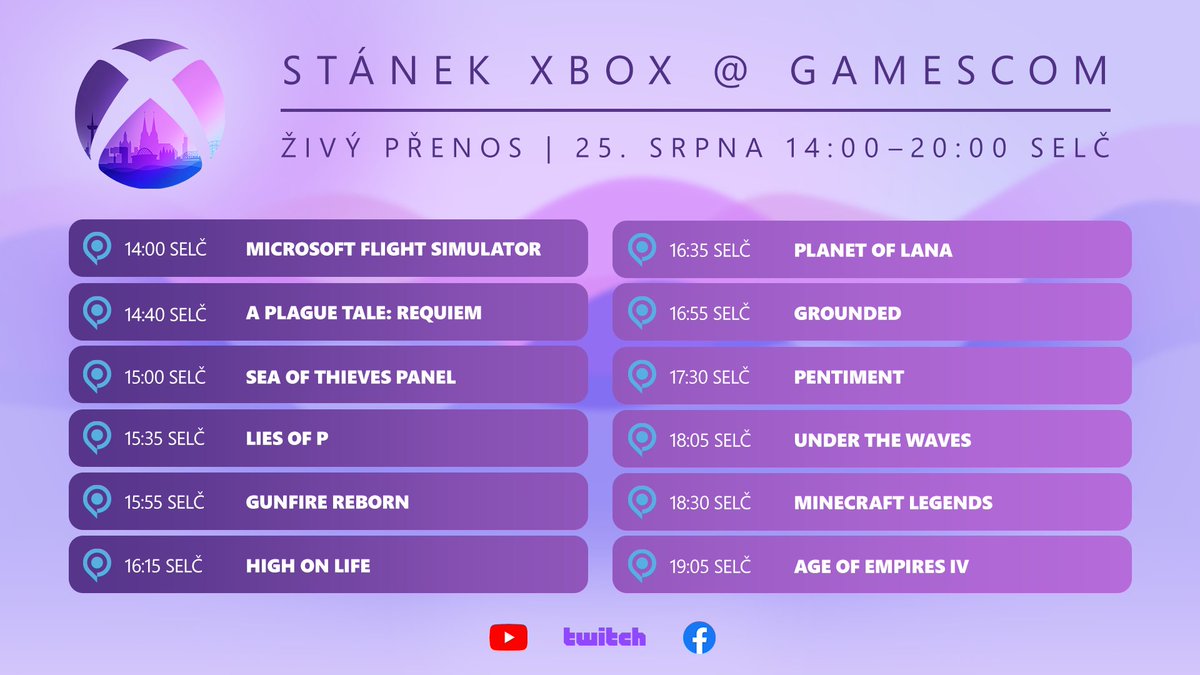 XboxCZ's tweet photo. Nachystejte si popcorn, pohodlně se usaďte a sledujte živě herní novinky ze stánku Xbox na @gamescom

Vysíláme živě ve čtvrtek 25. srpna od 14:00 SELČ. https://t.co/OrECWnfI1e
