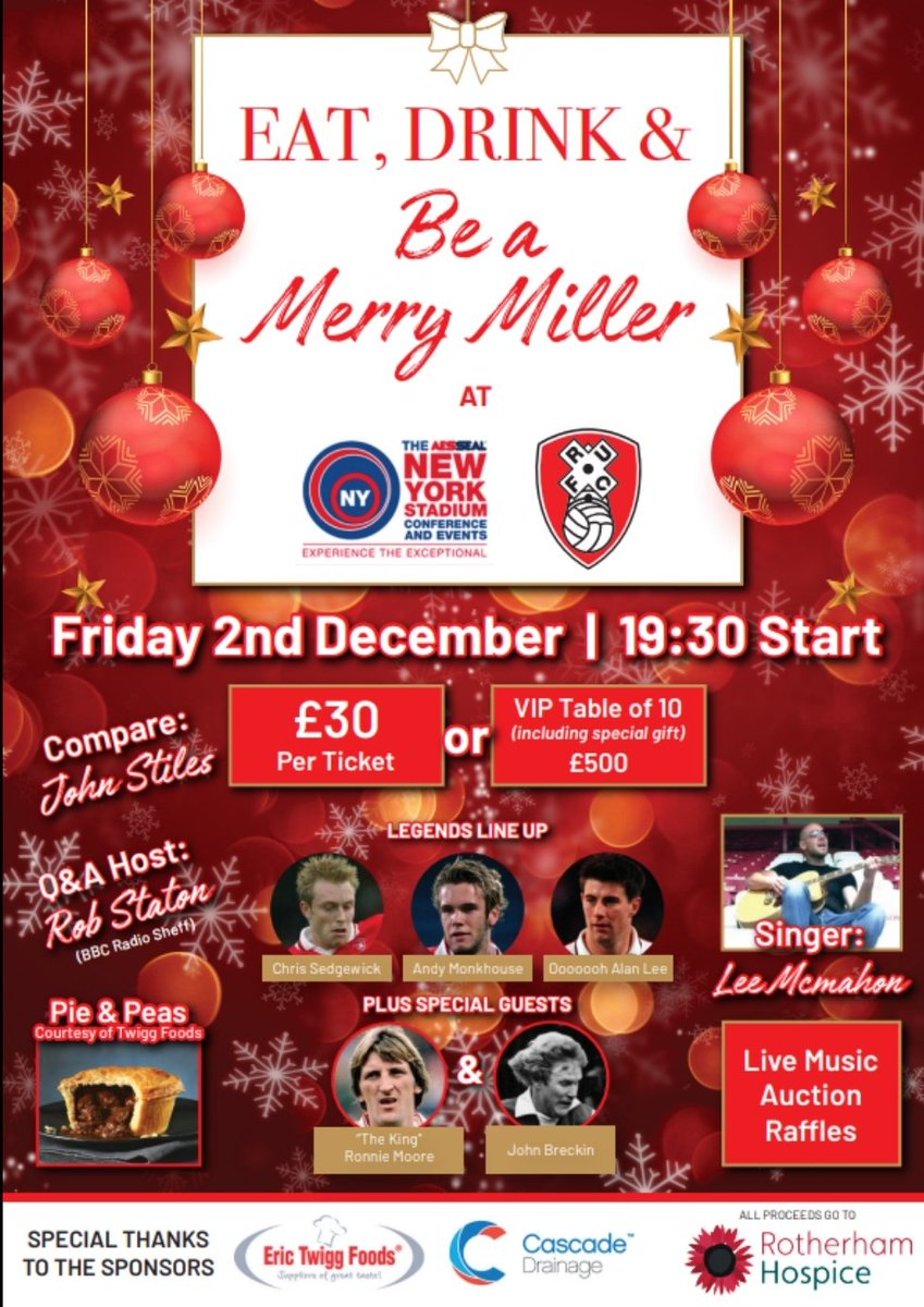 🚨 Tickets are on Sale 🚨

Here we go people, our next legends night, unreal line up of legends, food, drink, music, comedy, stories from the dressing room etc. This will be special. ALL proceeds go to <a href="/RotherHosp/">Rotherham Hospice</a>

DM me got tickets and this will sell out quick trust me. #rufc
