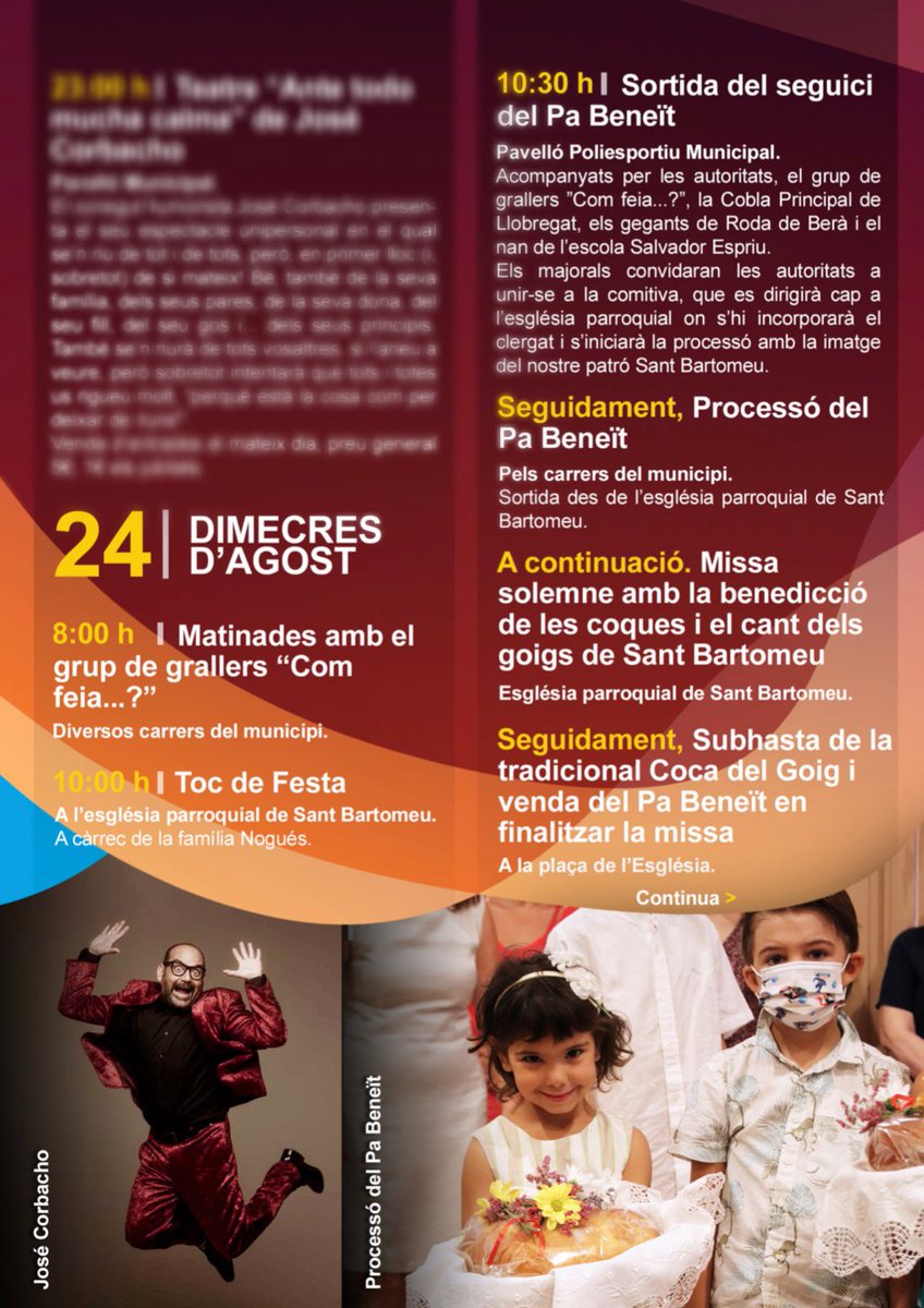 ajrodadebera's tweet photo. 🎉 Avui és la diada del nostre patró Sant Bartomeu i hem preparat un programa d’actes divers que barreja la tradició, la cultura i la modernitat 👇🏼.

Bona diada de #SantBartomeu22 a totes i a tots! 🫶🏼

#FMRdB22 #RodadeBerà #RdBtestimo #FestaMajor https://t.co/tfPJ7A2EkV