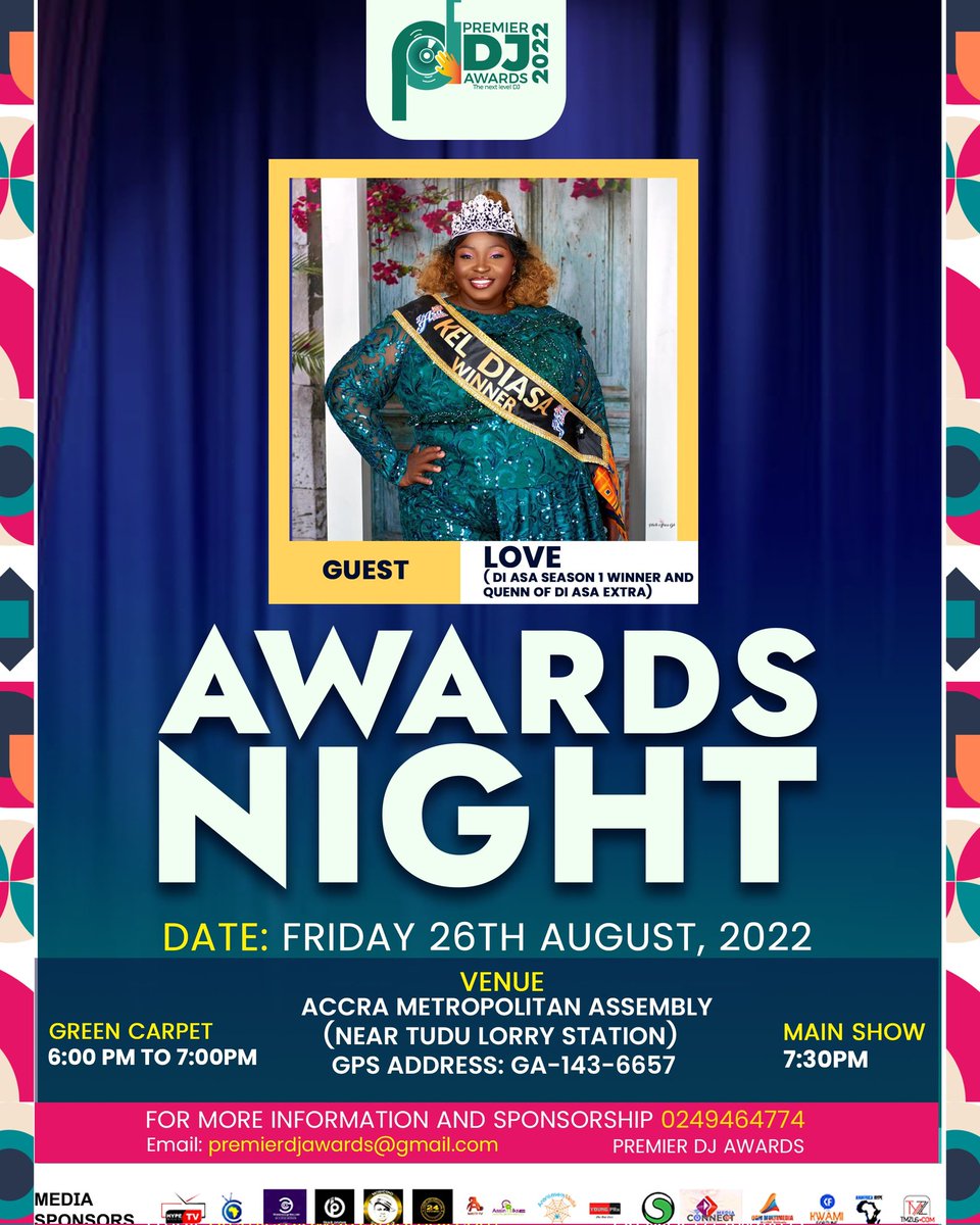 premierdjawards's tweet photo. LOVE (DI ASA SEASON ONE WINNER AND QUEEN OF DI ASA EXTRA) Is Our Quest. Don't Miss Out.
VENUE: Accra Metropolitan Assembly
DATE: 26th August, 2022
GREEN CARPET: 6:00pm
MAIN SHOW: 7:30pm
#premierdjawards22 #PDA22 #dj #GhanaDJs #internationaldjs #thenextleveldj #skills #talents https://t.co/qwOEP2TZVF