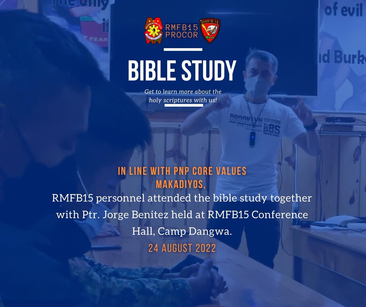 RMFB15cares's tweet photo. In relation to internal cleansing program of the PNP,RMFB15 personnel attended the bible study together with Ptr Jorge Benitez at 𝘙𝘔𝘍𝘉15 𝘊𝘰𝘯𝘧𝘦𝘳𝘦𝘯𝘤𝘦 𝘏𝘢𝘭𝘭,𝘊𝘢𝘮𝘱 𝘋𝘢𝘯𝘨𝘸𝘢.
#PNPKakampiMo #WeServeAndProtect #RMFB15Cares #TeamPNP #biblestudy #InternalCleansing https://t.co/wcalYc0Vdx