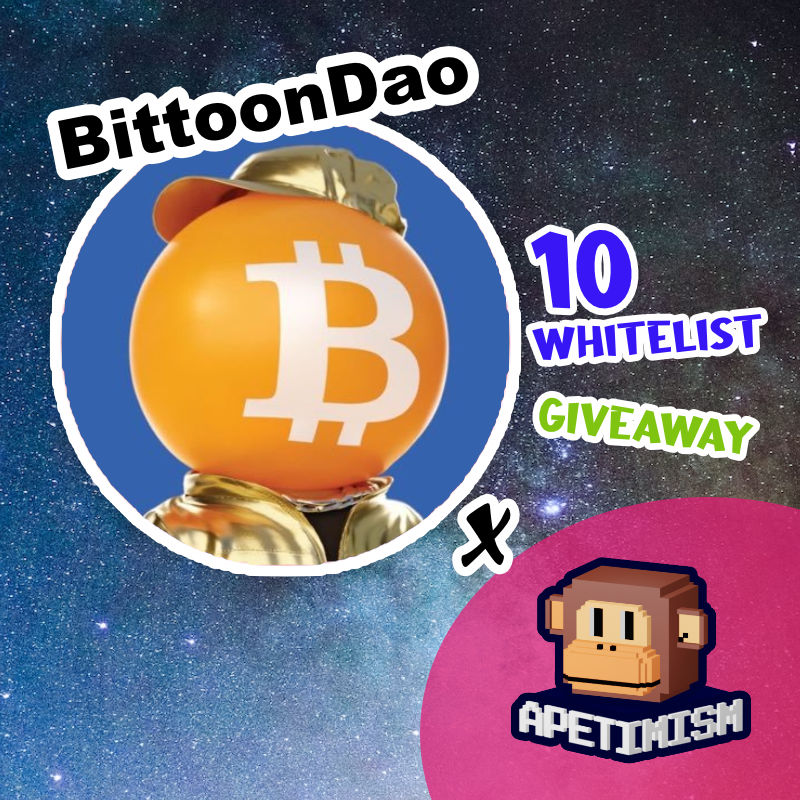 Apetimism's tweet photo. 📣 BitToonDAO x Apetimism Whitelist Giveaway 📣

9 @bittoonfunny WL to be given to Apetimism holders and 1 for anyone.

To enter:
1) Follow @bittoonfunny &amp; @apetimism
2) RT this tweet
3) Submit your entry in https://t.co/Jm76oyaqfO

Ends: Aug 27 @ 13:00 (GMT)

Good luck! https://t.co/qU6o7dj5lc