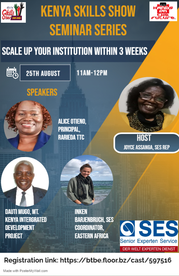 The next installment of the #KenyaSkillsShow Seminar Series is happening tomorrow at 11am. Gain insight on how to Scale up your Enterprise Within 3 Weeks through German Senior Experts
Registration Link: btbe.floor.bz/cast/597516
<a href="/tvetinkenya/">Permanent Working Group on TVET in Kenya</a> <a href="/MonariPeterJ/">Monari, Peter Joseph Ph.D</a> <a href="/TVETAKenya/">TVET Authority Kenya</a>