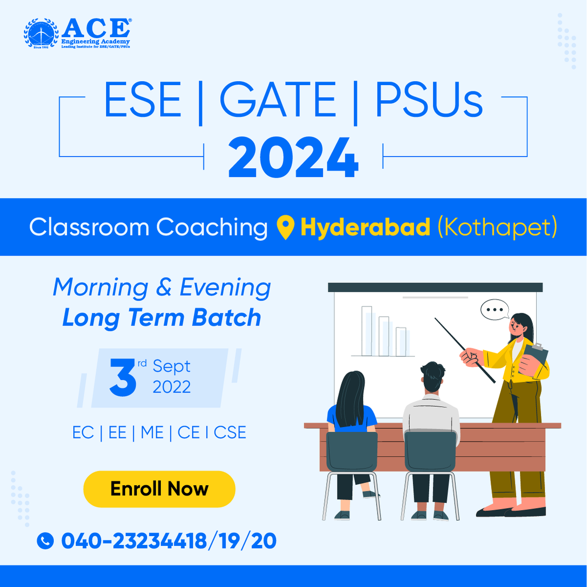 ACE_Enggacademy's tweet photo. Start Preparing for ESE | GATE | PSUs - 2024 at Hyderabad (Kothapet) Morning and Evening Long Term Batch with ACE Engineering Academy
Enroll Now - https://t.co/R300j9DZAn
#GATE #ESE #PSU #ACEEngineeringAcademy #ACEOnline #NewBatches #Kothapet #Hyderabad #Electrical #Electronics https://t.co/rjaLo8tPUq
