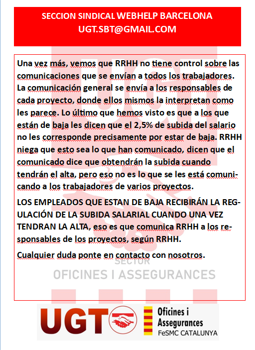 ugtsellbytelbcn's tweet photo. HR debe tomar el control de las comunicaciones que se envían a todos los empleados. #WebhelpSpain #ThinkHuman #UgtWebhelp https://t.co/rVTuoRGFdP