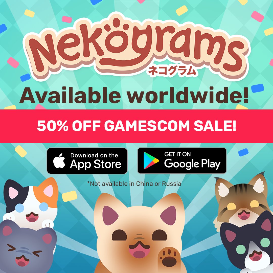 ✨🌏 Nekograms is now available WORLWIDE! 🌏✨ 
To celebrate, we’re having a 50% OFF SALE during <a href="/Gamescom/">gamescom</a> 2022! 
📱 Download for iOS or Android: nekograms.com/meow/
😸 Website: nekograms.com
*Not available in China or Russia
-
#Gamescom #Gamescom2022 #sale