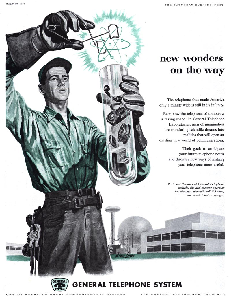 LRonLacy's tweet photo. #OTD in 1957
‘new wonders on the way’ Illustration by Dom Lupo (1919-2013). General Telephone System. The Saturday Evening Post, August 24, 1957.
@SatEvePost
#illustration #illustrationart #illustrationartists #DomLupo #GeneralTelephone #telephones #telecommunications #AtomicAge https://t.co/j8lLbqRxFc