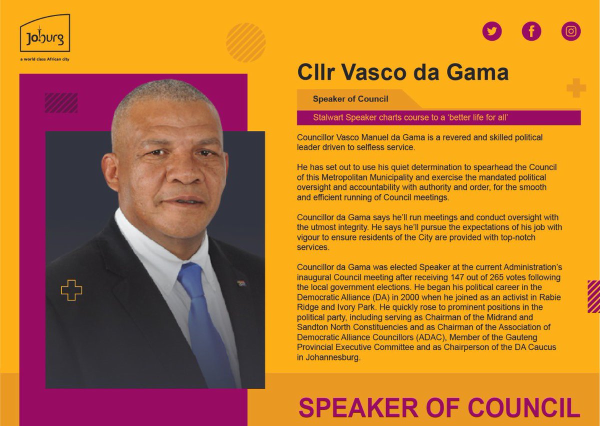 COJLegislature_'s tweet photo. Who is the @CoJSpeaker #KnowYourExecutive  #CoJLegislature #CoJSpeaker. Cllr da Gama has served as a councillor for 26 years now. He has a wealth of experience having served on a number of committees during his numerous terms of office. https://t.co/pudYj1KACZ