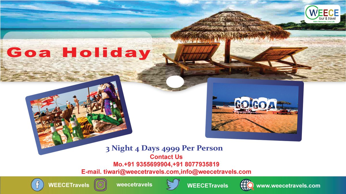 WEECETravels's tweet photo. Goa Travel packages starting @Just Rs. 4,999 & get set for a fun trip! swim in the Arabian Sea, savour local Goan delicacies & more! Search Flights. Manage Your Trips. Types: Group Tours, Honeymoon Special, holiday.
#weece #weecetravels #travel #tour #tourism #goa #goaholidays https://t.co/q7ncUjvApQ