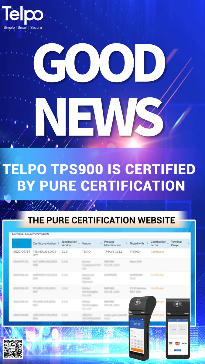 Telpobestpos's tweet photo. #Good #News | #Telpo #TPS900 is certified by #PURE #certification
#Telpo #TPS900 has passed a variety of #financial certifications, including #PURE, #PCI 6.X, #EMV, #Paywave, #Paypass, #MIR, #Rupay, #TQM, #CE, #FCC, #RoHS, #BIS, #Anatel, etc. https://t.co/9qr1eo7odT