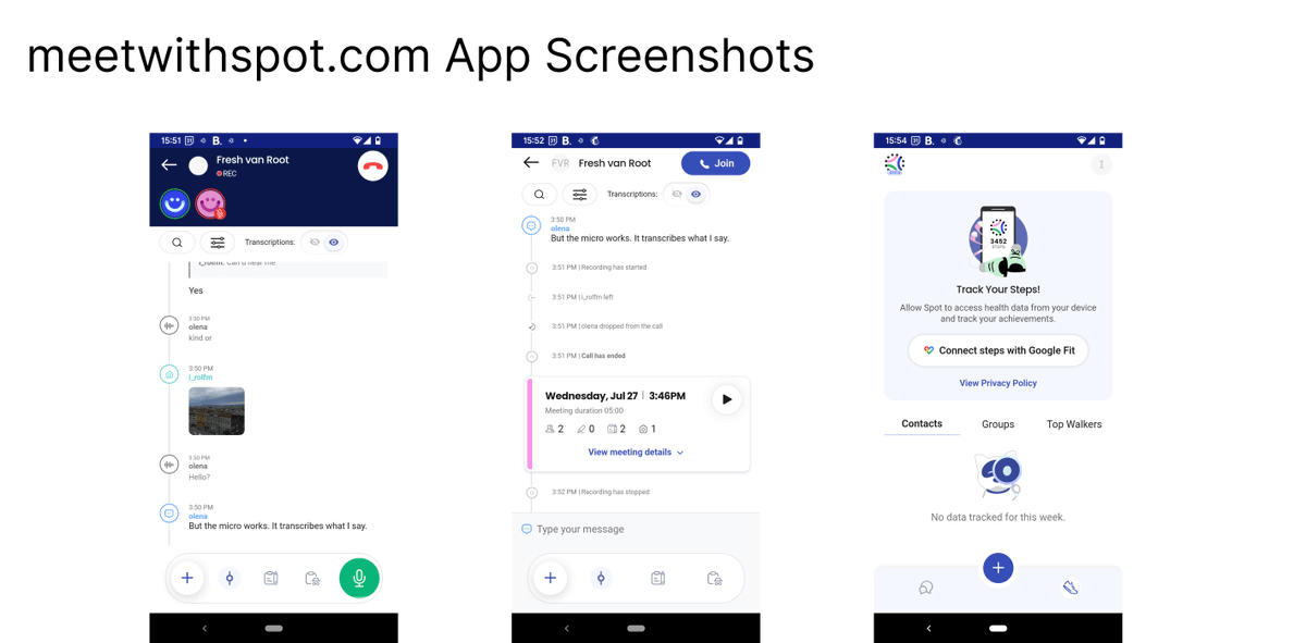 freshvanroot's tweet photo. 🛠️ @meetwithspot is made for having calls while walking.

It automatically records and transcribes calls, and it comes with a gamification feature of showing “Top Walkers”.

https://t.co/39Zhg56zb3 https://t.co/qfyMrZNEnw