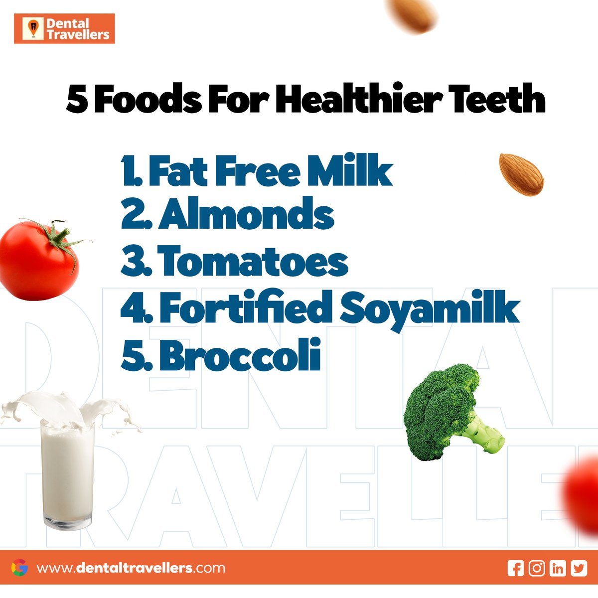 DentalTraveler's tweet photo. Here Are 5 Foods That Makes Your Teeth Healthier.
1) Fat-Free Milk
2) Almonds
3) Tomatoes
4) Fortified Soy Milk
5) Broccoli
Do like and Comment if you found our post useful.
#healthyteeth #foodforteeth #dentaltravellers #dentalhealth #dentistry #TheRingsOfPower #NDTV #Dentist https://t.co/nCbu4TEHHS