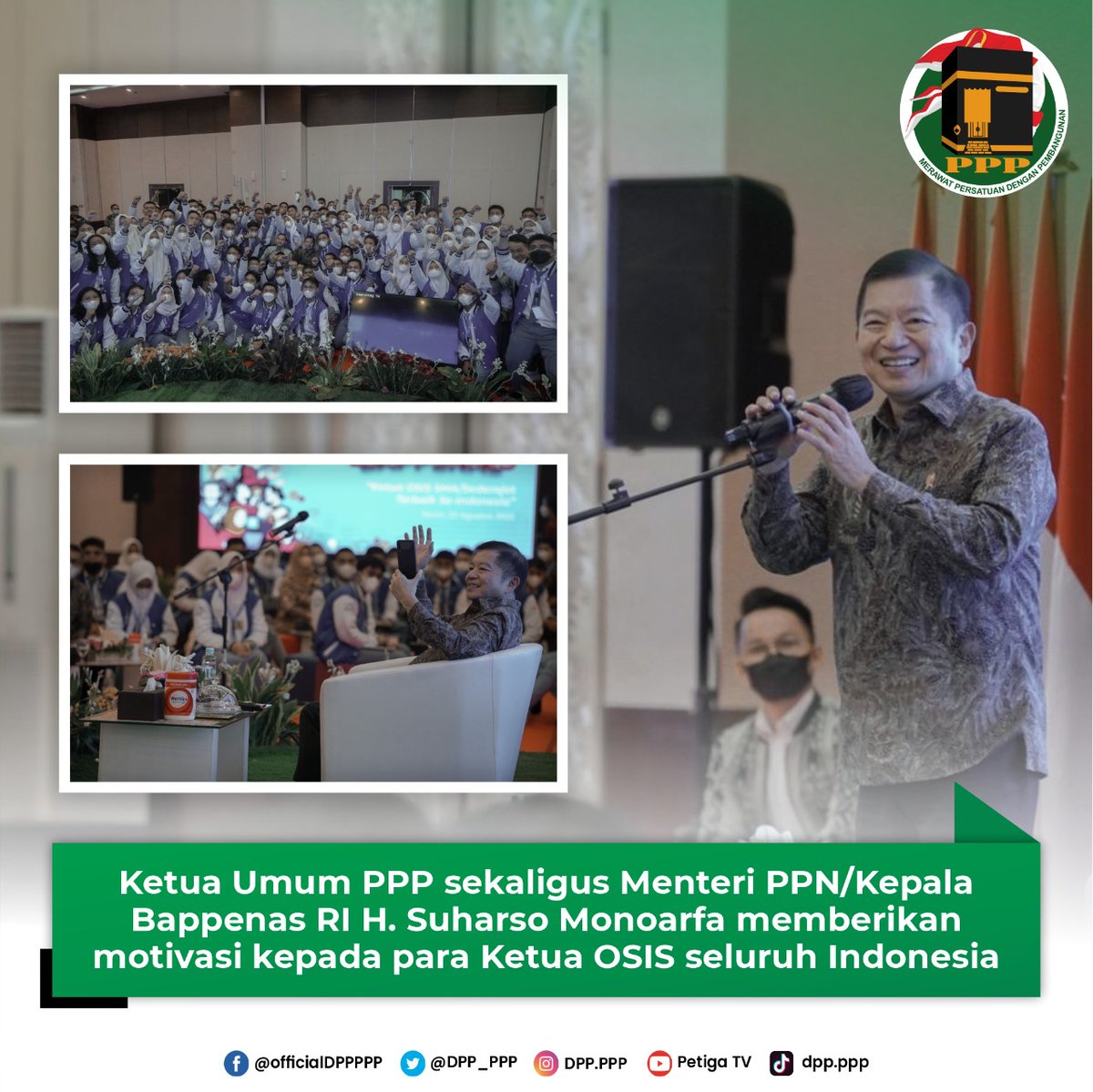 DPP_PPP's tweet photo. Ketua Umum PPP sekaligus menteri PPN/Kepala Bappenas RI @Suharso_M memberikan motivasi kepada para ketua OSIS seluruh Indonesia 

#PartaiPPP https://t.co/lPhpkorWkT