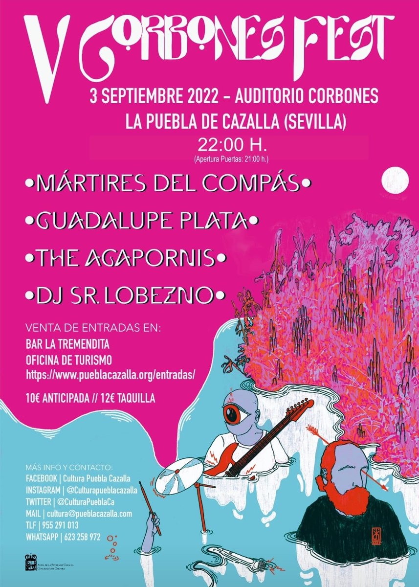 Sevilla_Turismo's tweet photo. V edición del Corbones Fest 🎵🎶
📅 Sábado 3 de septiembre
🕖 22:00 h
📍Auditorio Corbones
Actuarán #GuadalupePlata, #TheAgapornis, #DJSrLobezno  y #MartiresdelCompas

➡️ https://t.co/EgpZS35pMX

#SevillaEsProvincia #LaPueblaDeCazalla @Ayto_P_Cazalla https://t.co/Gmyy9f4s6k