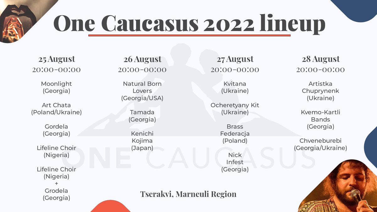 OneCaucasus's tweet photo. Only 1⃣ day left until the festival!

It means we have everything ready to welcome all of you in Tserakvi!🏡

To help you plan your time⏰ during the festival we prepared a graphic with a detailed lineup.🕺

Which performance do you look forward to the most? 🎤🎺🥁🎭 https://t.co/Fk4WtlA4RB