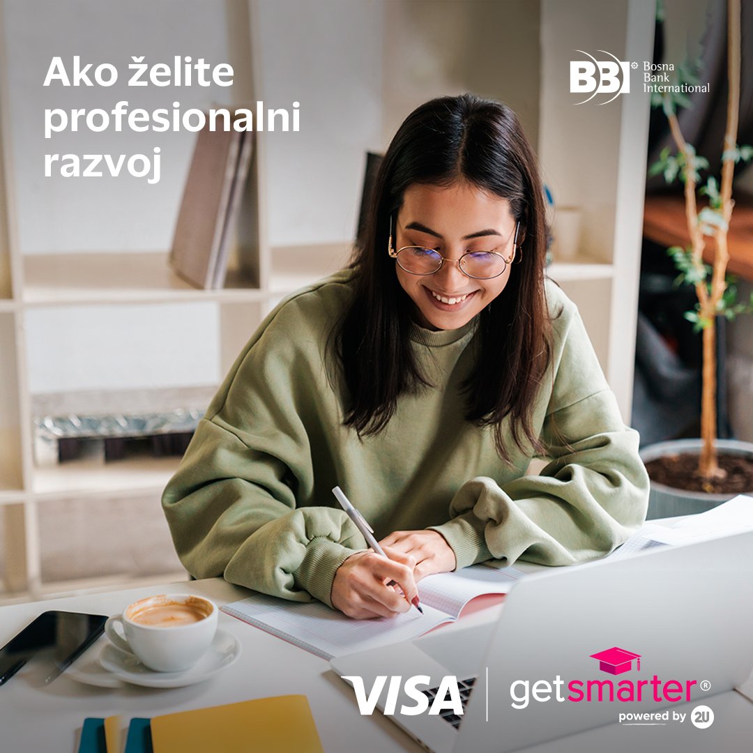 BosnaBankInt's tweet photo. Sa BBI @Visa karticama ostvarite 15% popusta na sve kratke online kurseve @getsmarter 2U!
Ukoliko nemate BBI Visa karticu zahtjev možete ispuniti online na web stranici: https://t.co/bDihWL7Bs1 i u roku od nekoliko dana svoju BBI Visa karticu preuzeti u najbližoj poslovnici banke https://t.co/fVdH7bPZpc
