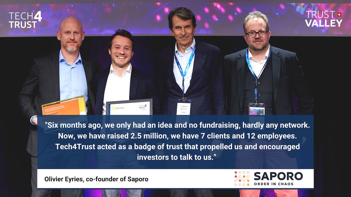 4 days left to apply for #Tech4Trust Season 4 🚀🇨🇭🌍 Don't miss this unique opportunity &amp; apply as Olivier Eyries did for Saporo one year ago. The winner of the 3rd Season is on the fast track today! Apply: bit.ly/33WWvTq #TrustValleyCH #digitalTrust #cybersecurity