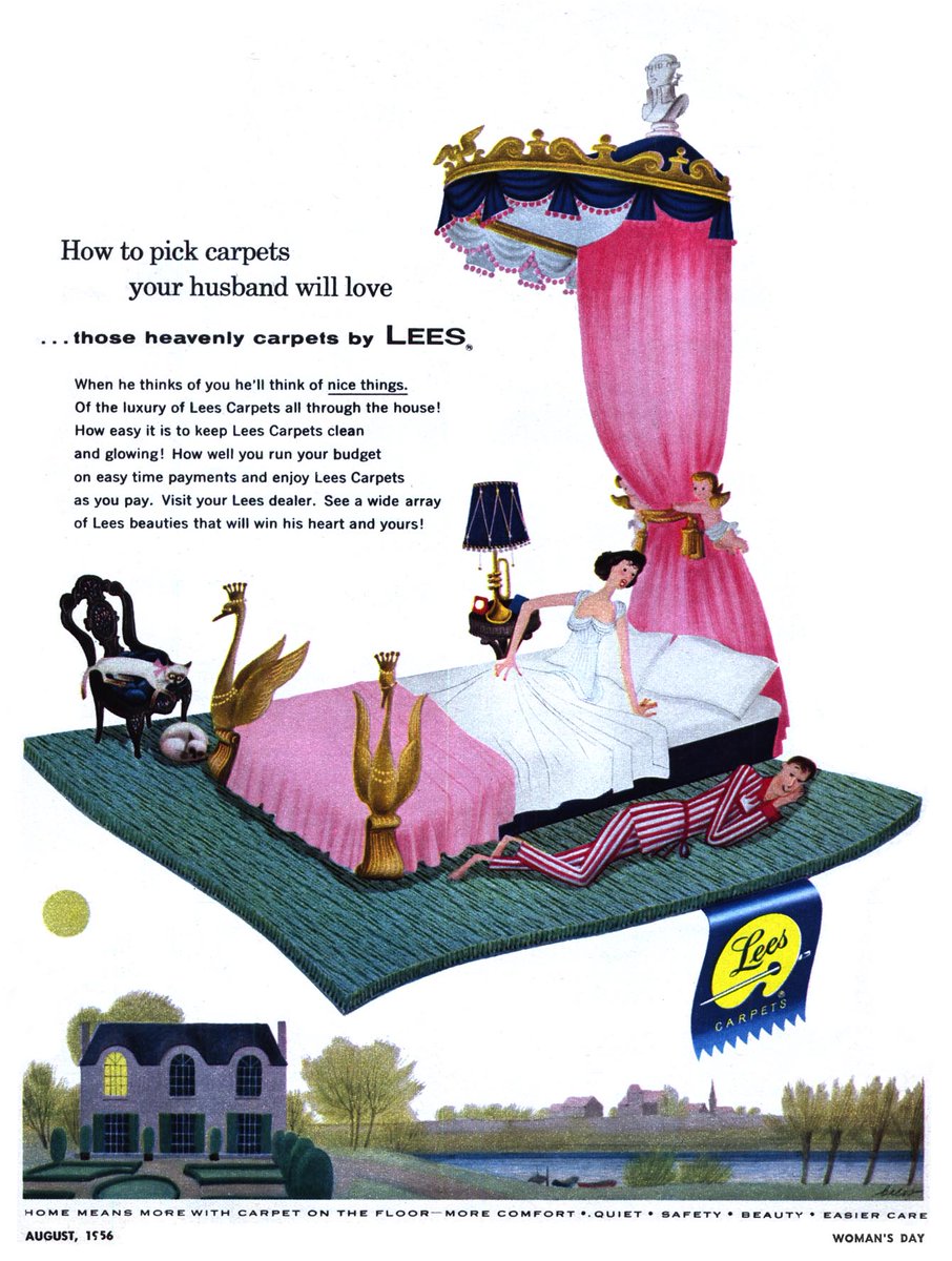 LRonLacy's tweet photo. In #AUGUST 1956
‘How to pick carpets your husband will love’
Illustration by Jan Balet (1913-2009)
‘. . .those heavenly carpets by LEES’
Woman's Day magazine, August 1956
#illustration #illustrationart #illustrationartists #JanBalet #carpets #carpeting #LeesCarpets #bedroom https://t.co/UxyVss89e3