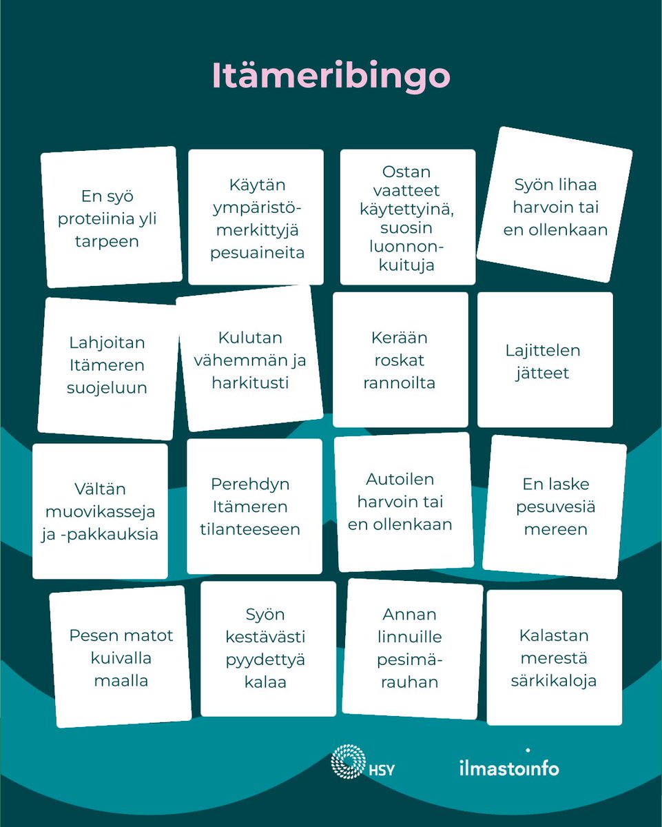 Kerää Itämerenystävän bingorivi! 🌊

Tänään vietetään Itämeripäivää ja nyt onkin hyvä aika miettiä, millaisin pienin ja suurin teoin voimme auttaa läheistä mertamme. Itämeribingon avulla voit tarttua toimiin Itämeren hyväksi jo tänään! 

#Itämeripäivä <a href="/jnurmisensaatio/">John Nurmisen Säätiö</a>