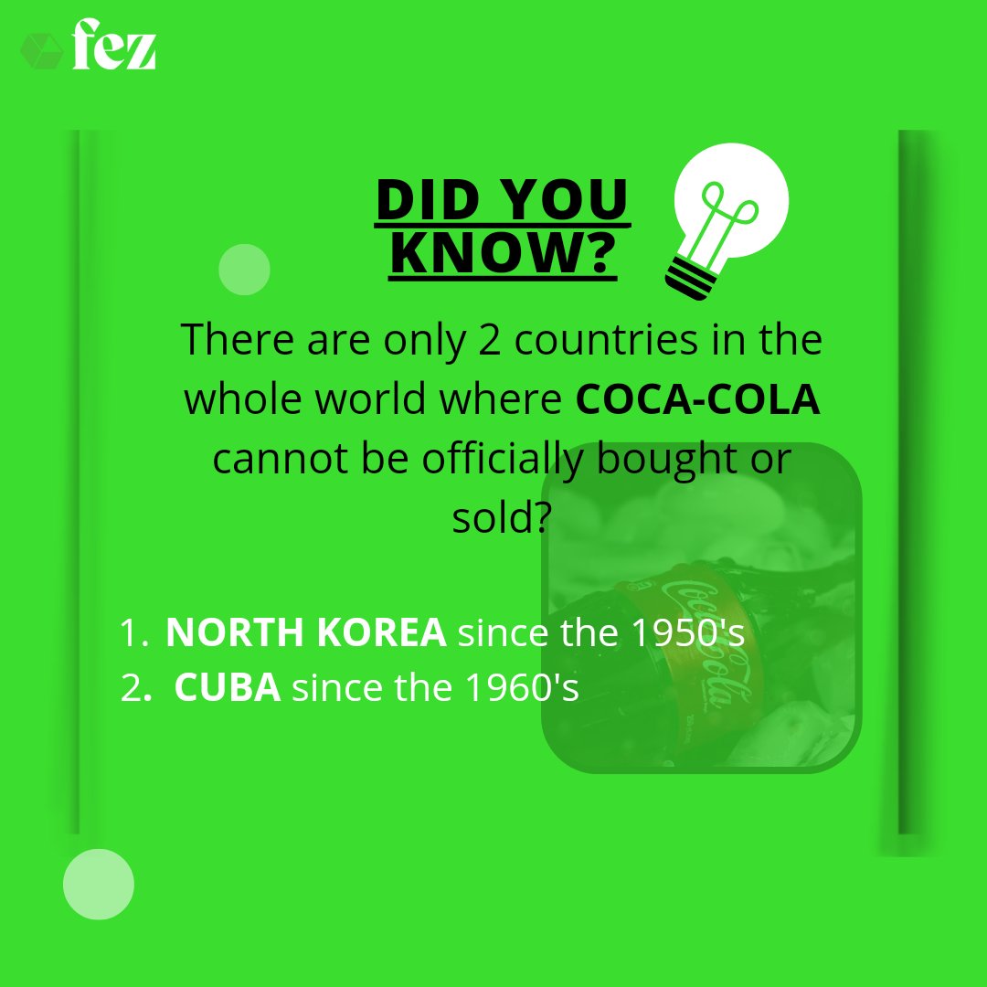 feztraining's tweet photo. Tag a friend to see this... Coca-cola is one of the most most popular and highest selling soft drinks in the world, but for some reasons, it can't be sold in 2 countries. 
#FezTrainingCentre
#TrainingCentre
#TrainingSpace
#TrainingSpaceRental 
#DidYouKnowThat https://t.co/fCWtE7Ug8F