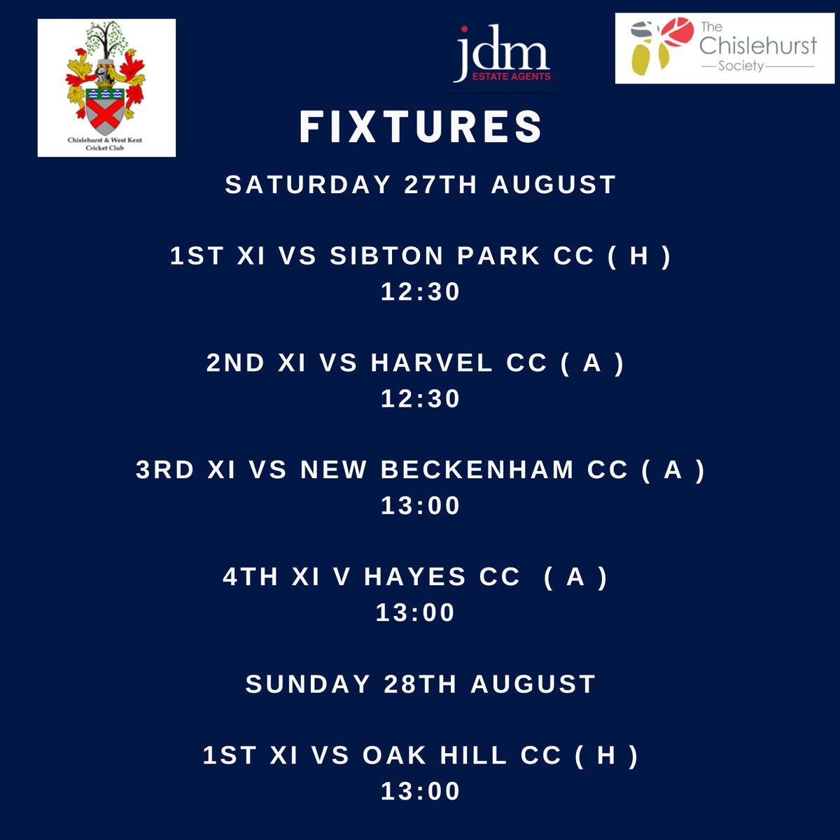 Chislehurst & WK CC (@cwkcc) on Twitter photo 5 fixtures on offer this weekend :
1st XI will be looking to seal the league title against <a href="/sibtonparkcc/">Sibton Park CC</a>
2nd XI are away to <a href="/HarvelCricket/">Harvel Cricket Club</a>
3rd XI travel to @NewBeckenhamCC
4th XI are away to <a href="/HayesKentCC/">Hayes (Kent) Cricket Club</a> 5 fixtures on offer this weekend :
1st XI will be looking to seal the league title against <a href="/sibtonparkcc/">Sibton Park CC</a>
2nd XI are away to <a href="/HarvelCricket/">Harvel Cricket Club</a>
3rd XI travel to @NewBeckenhamCC
4th XI are away to <a href="/HayesKentCC/">Hayes (Kent) Cricket Club</a>