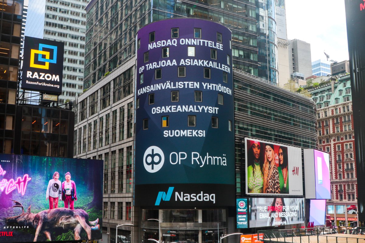 Vamos! <a href="/NasdaqHelsinki/">Nasdaq Helsinki</a> onnittelee <a href="/OP_Ryhma/">OP</a>:a kansainvälisten yhtiöiden analyysista New Yorkin Times Squarella🥳

Maailman markkinat nyt entistä lähempänä sinua: saat jatkossa suomeksi osakeanalyyseja myös kansainvälisistä yhtiöistä.

op.fi/auth/saastot-j…

#sijoittaminen