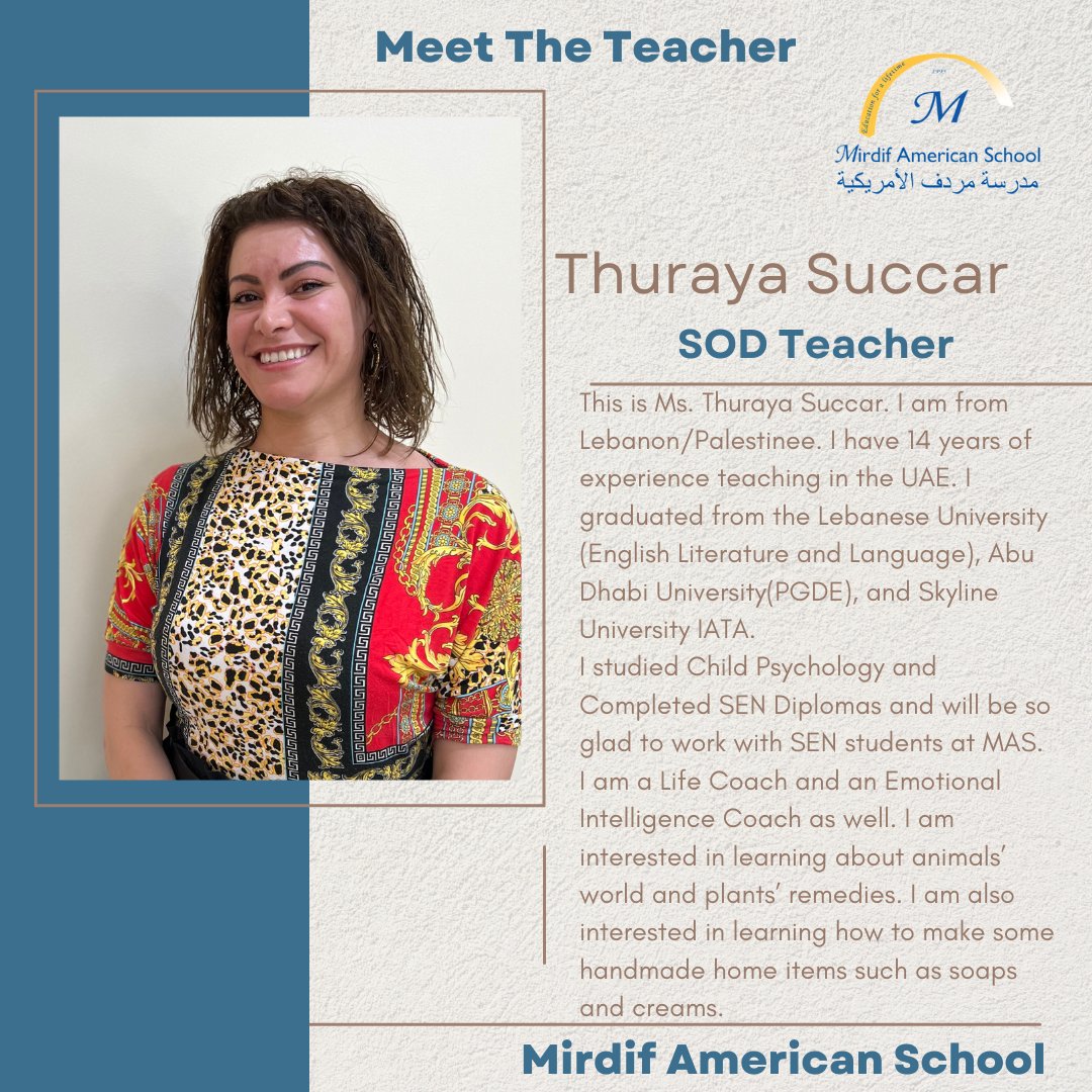 Mirdif1995's tweet photo. Meet Thuraya Succar SOD Teacher of Mirdif American School 

#newteacher #mirdifamericanschool #khdadubai #sodteacher https://t.co/ELyecawYNk