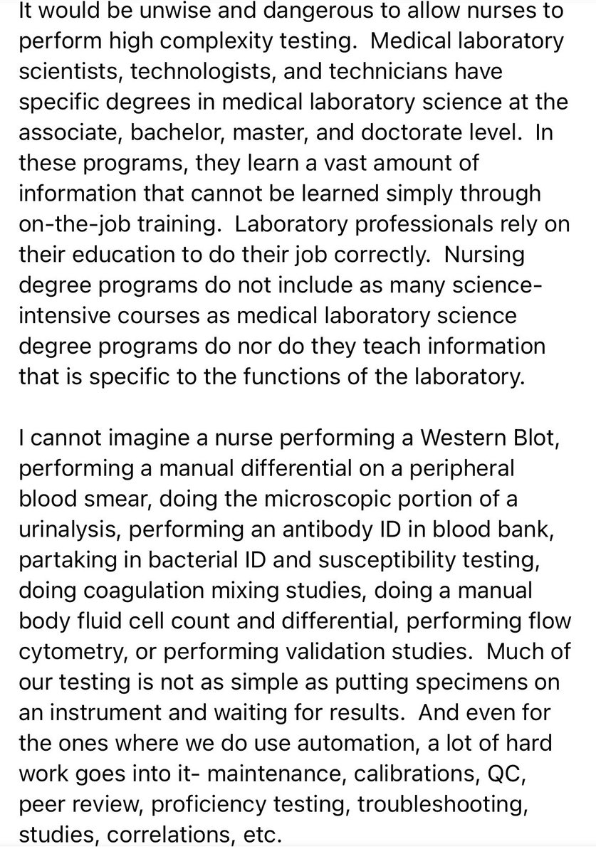 EmilyMartin_MLS's tweet photo. @CMSGov It would be unwise and dangerous for nurses to be allowed to perform high complexity testing. Subpar patient care would result from this. MLS, MT’s, and MLT’s should be the only ones performing high complexity testing. https://t.co/6k6JN16UY6