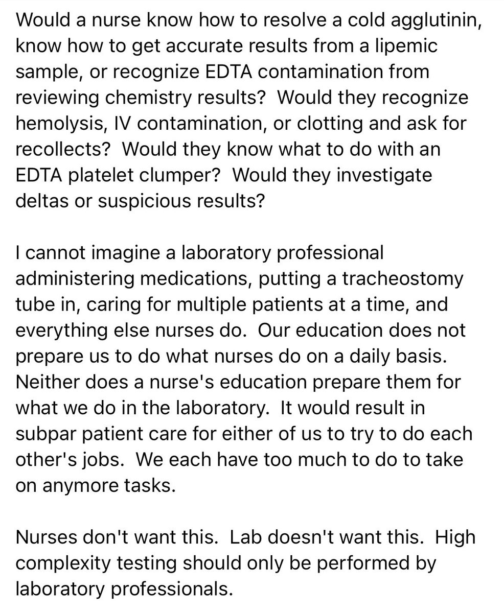 EmilyMartin_MLS's tweet photo. @CMSGov It would be unwise and dangerous for nurses to be allowed to perform high complexity testing. Subpar patient care would result from this. MLS, MT’s, and MLT’s should be the only ones performing high complexity testing. https://t.co/6k6JN16UY6