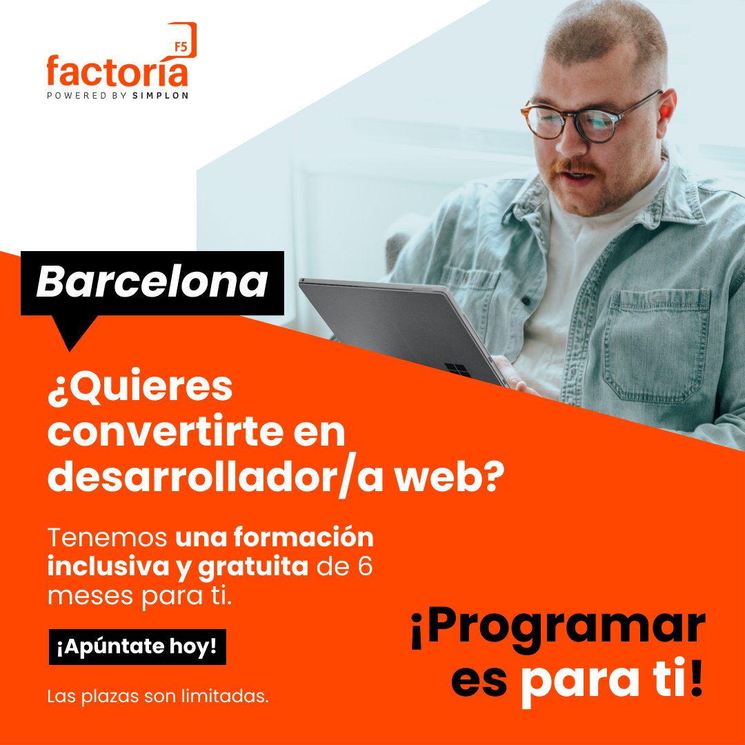 FactoriaF5's tweet photo. ¿Vives en Barcelona y quieres ser desarrollador/a web?
Nuestra formación presencial y gratuita de seis meses de duración en desarrollo fullstack es para ti 🙌
Inscríbete hoy en https://t.co/sdFjMAbLXL y comienza en octubre!
#ProgramarEsParaTi https://t.co/F8hBMzTrZ4