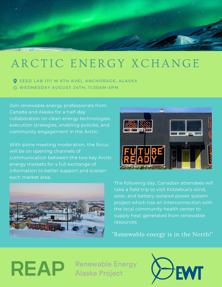 Join us at the Arctic Energy Xchange!

EWT and Alaskan partners Renewable Energy Alaska Project “REAP” have designed and are hosting a two-day collaboration in Alaska this week, called the Arctic Energy Xchange.