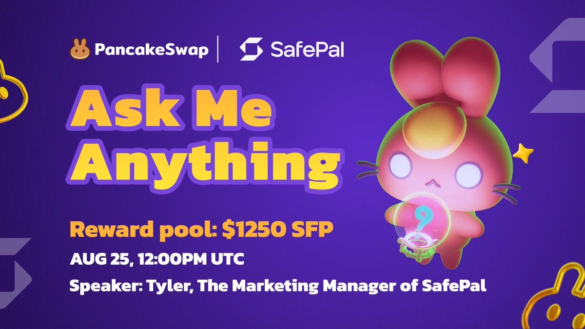 🐰 PancakeSwap will host the AMA with <a href="/safepal/"></a> 

🗓 25 Aug, 12:00PM UTC
🎁 $1,250 to won

👉 Join the AMA here: 
t.me/PancakeSwap

🤔 Got questions for the SafePal team? Post them in this thread 👇

Learn how to win: 👇