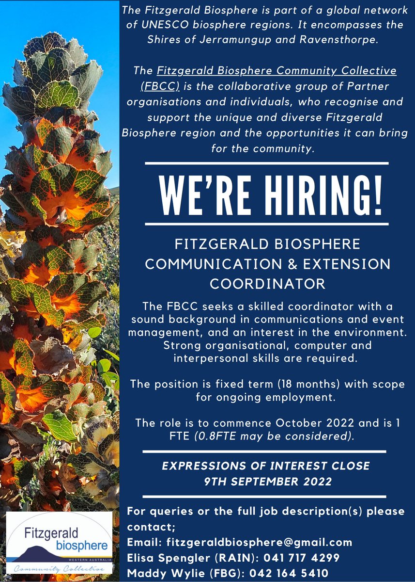 In conjunction with the Fitzgerald Biosphere Community Collective, we are thrilled to announce an exciting job opportunity as a Communications Coordinator for the Fitzgerald Biosphere.

For more info, please get in touch!